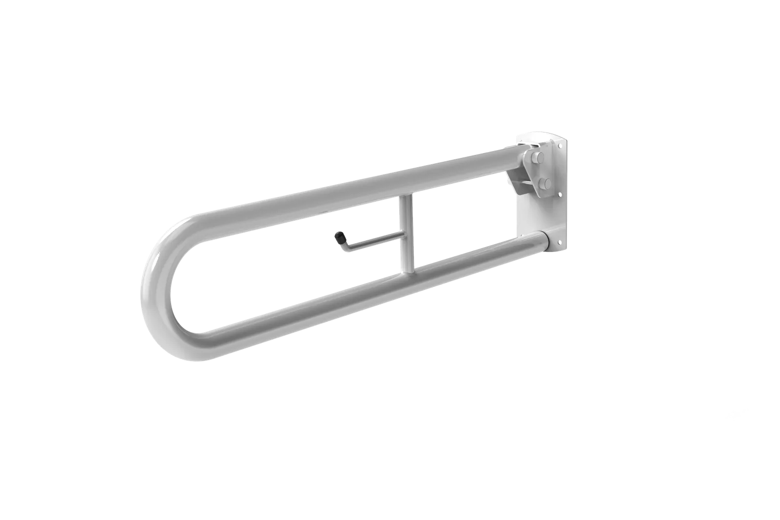 A white hinged grab rail with an integrated toilet roll holder, folded down from the wall